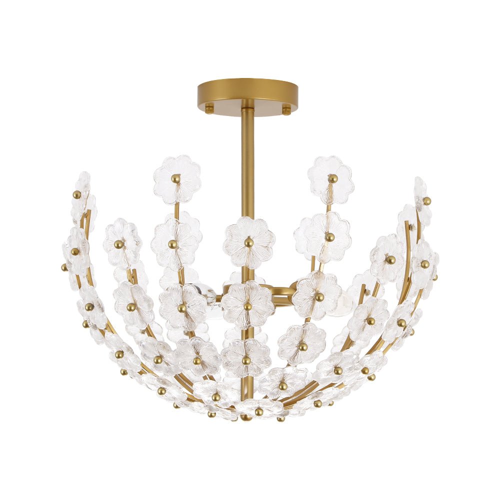 LightfixturesUAE-3-Light French Gold Floral Semi Flush Mount Light with Glass Flowers-Ceiling Lights-Gold-
