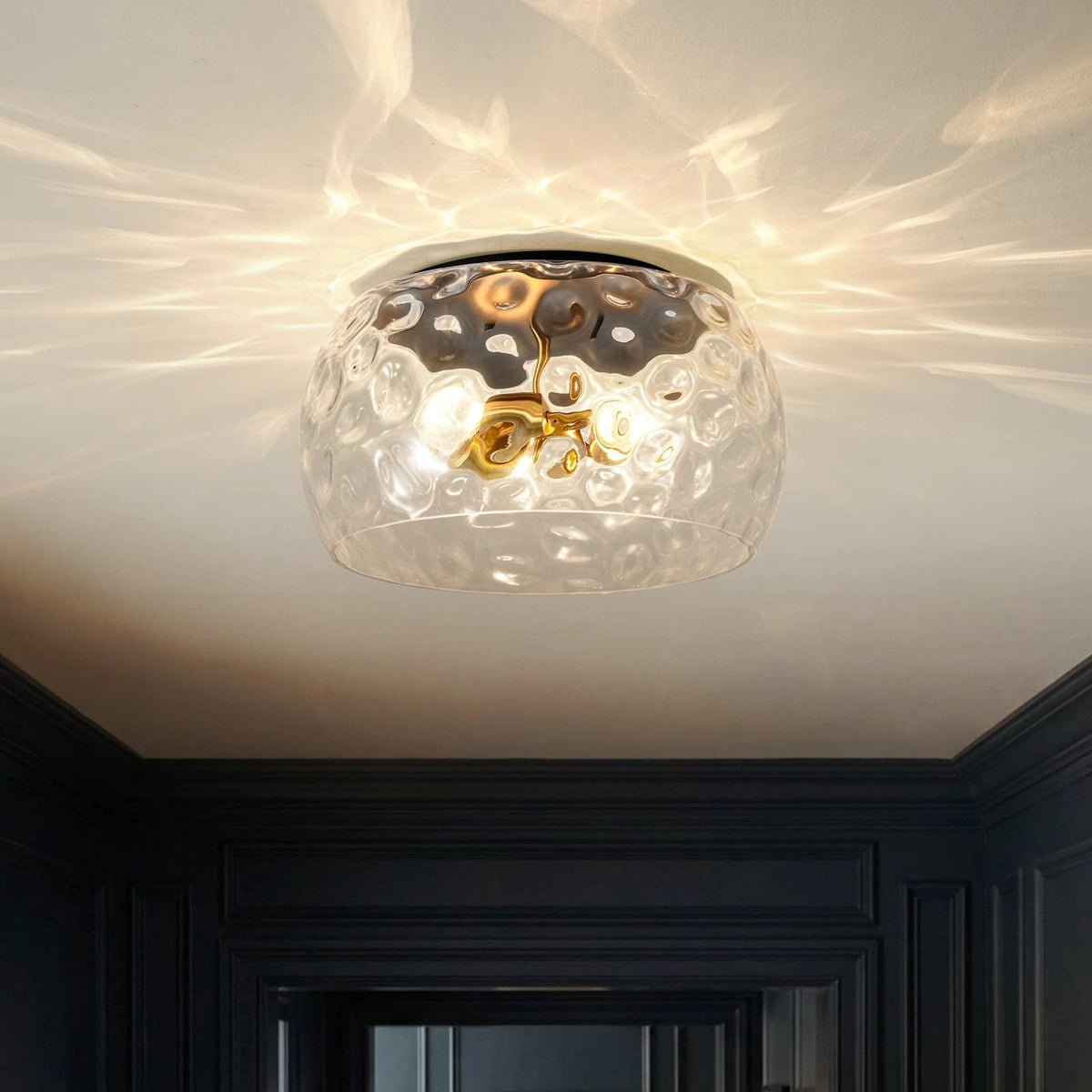 LightfixturesUAE-3-Light Hammered Glass Flush Mount Ceiling Light with Bowl Shade in Antique Brass and Matte Black-Ceiling Lights-Black-