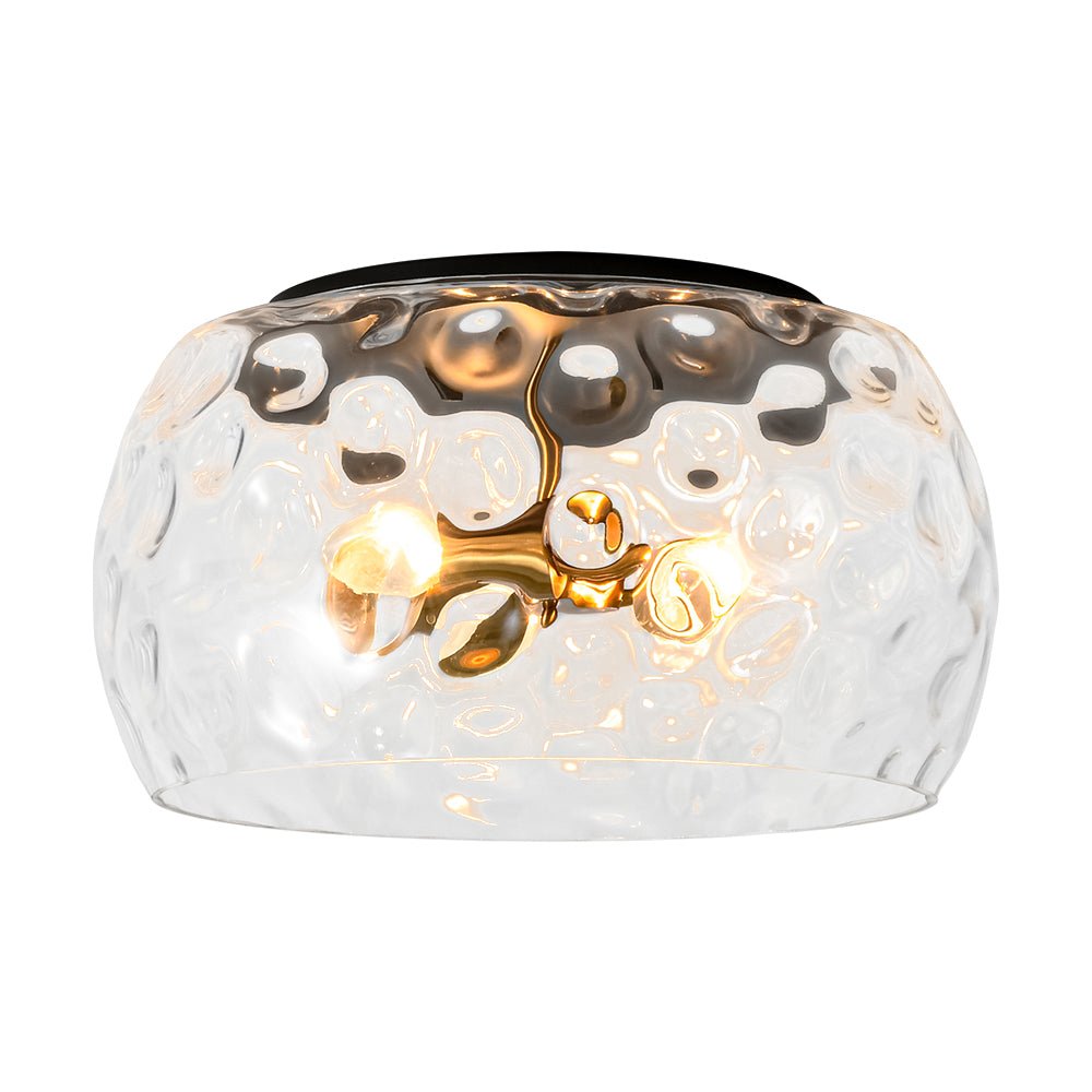 LightfixturesUAE-3-Light Hammered Glass Flush Mount Ceiling Light with Bowl Shade in Antique Brass and Matte Black-Ceiling Lights-Black-
