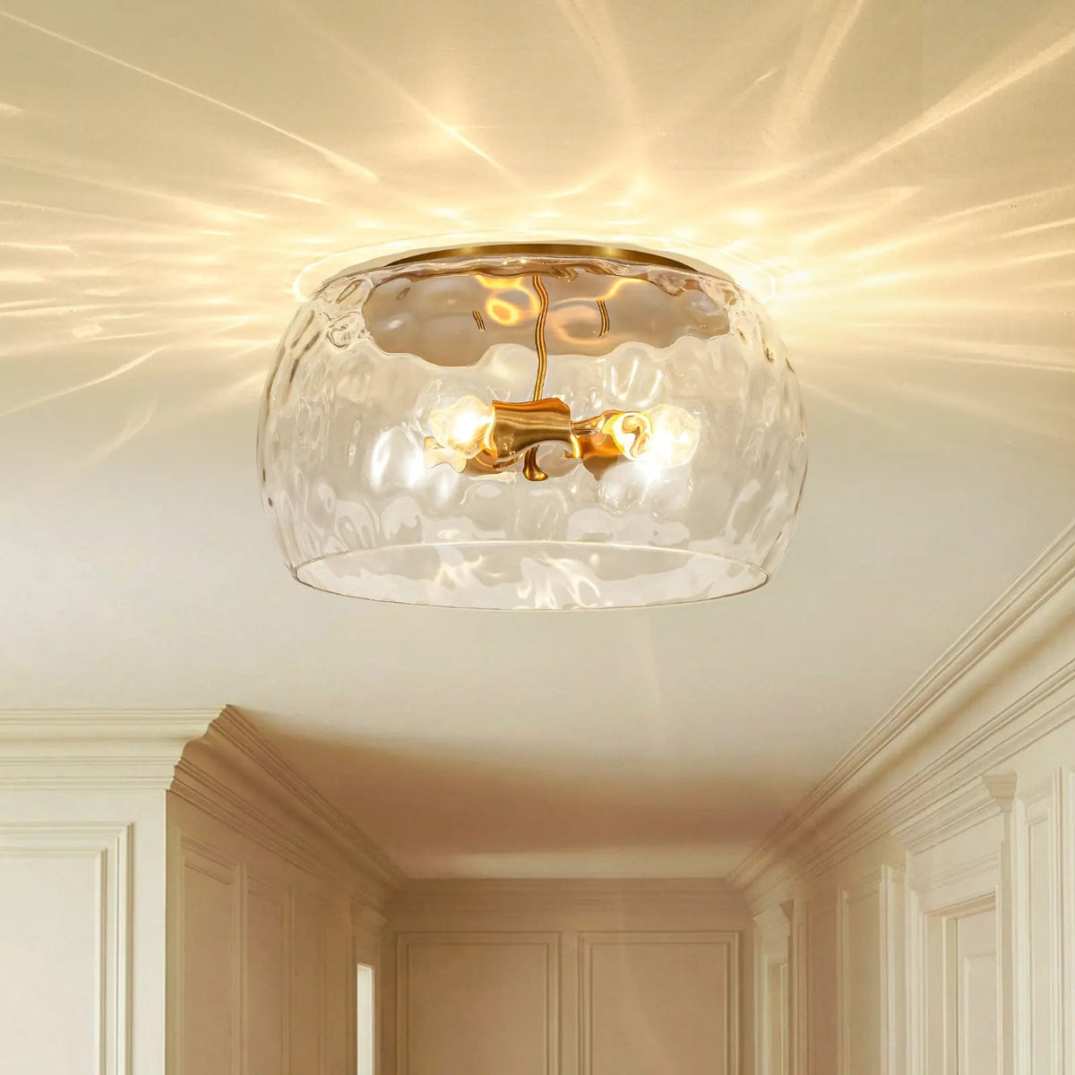 LightfixturesUAE-3-Light Hammered Glass Flush Mount Ceiling Light with Bowl Shade in Antique Brass and Matte Black-Ceiling Lights-Brass-