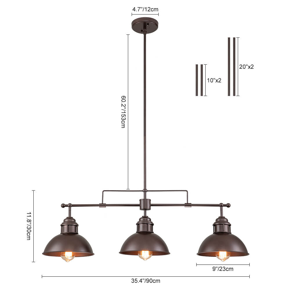 LightfixturesUAE-3-Light Industrial Linear Dome Kitchen Island Chandelier-Chandeliers-Antiqued Silver-