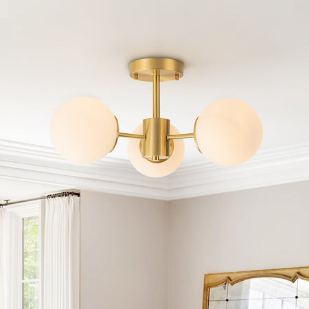 LightfixturesUAE-3-Light Mid-Century Modern Frosted Glass Semi Flush Mount-Ceiling Lights-Brass-