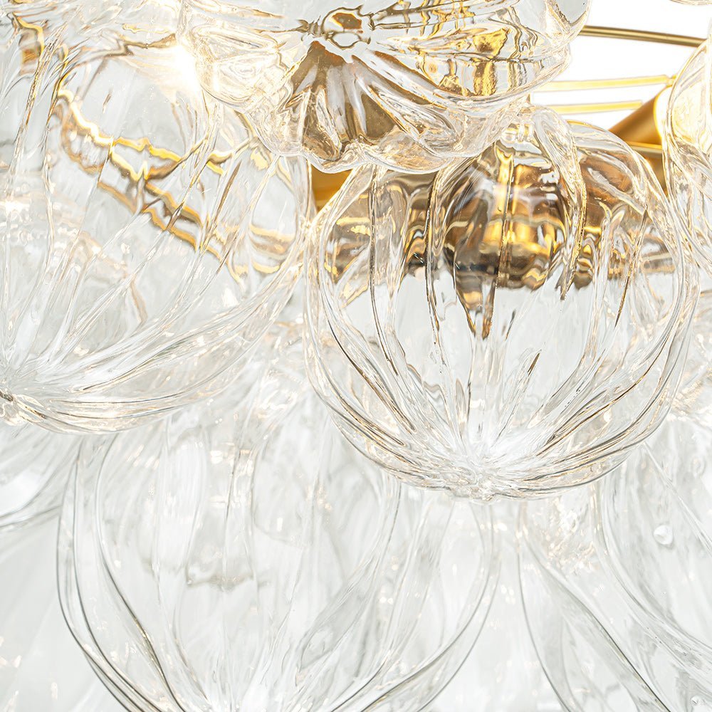 LightfixturesUAE-3-Light Modern Cluster Ribbed Clear Glass Bubble Sputnik Semi Flush Mount-Ceiling Lights-Brass-
