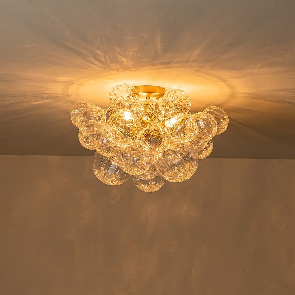 LightfixturesUAE-3-Light Modern Cluster Ribbed Clear Glass Bubble Sputnik Semi Flush Mount-Ceiling Lights-Brass-