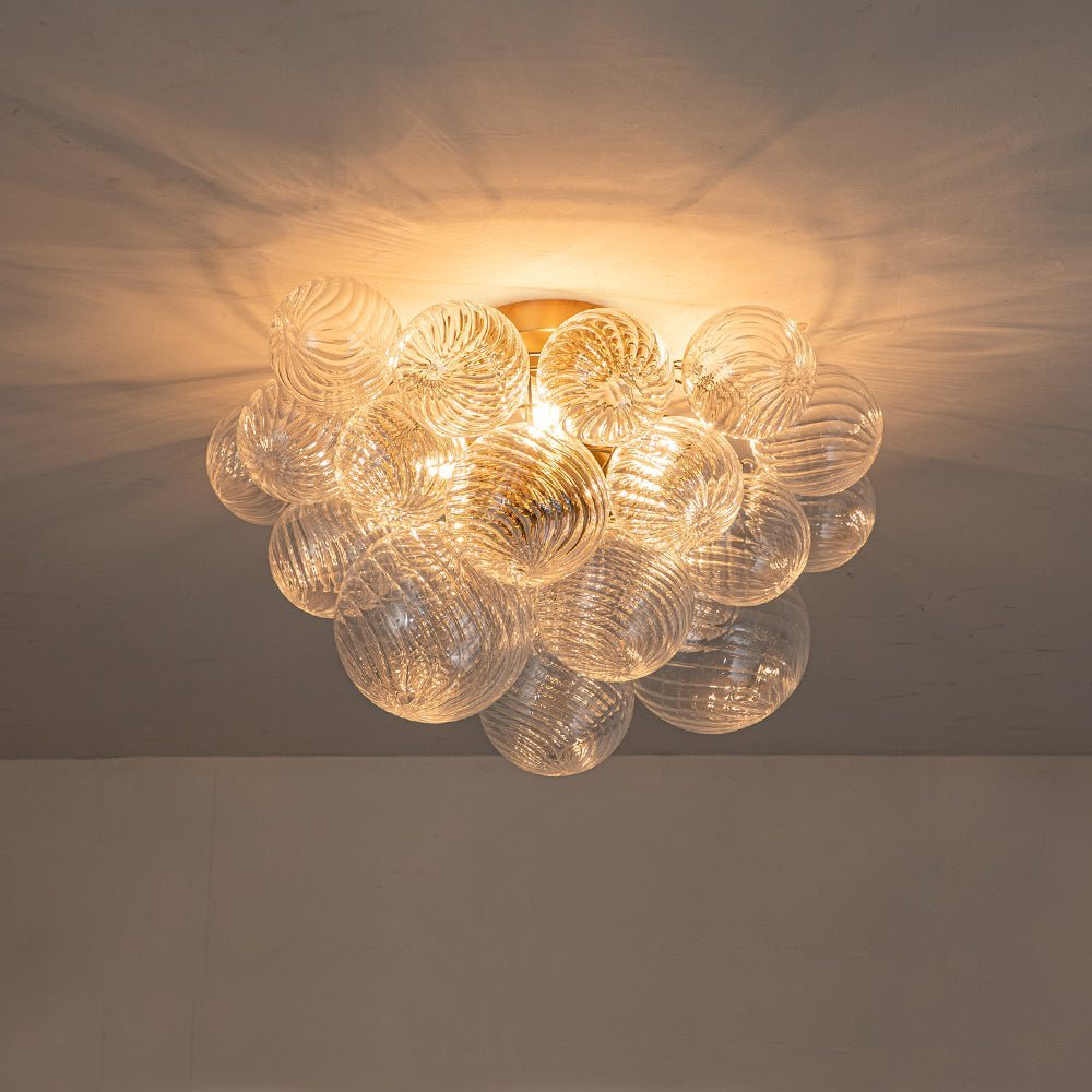 LightfixturesUAE-3-Light Modern Cluster Ribbed Glass Bubble Sputnik Semi Flush Mount-Chandeliers-Brass-