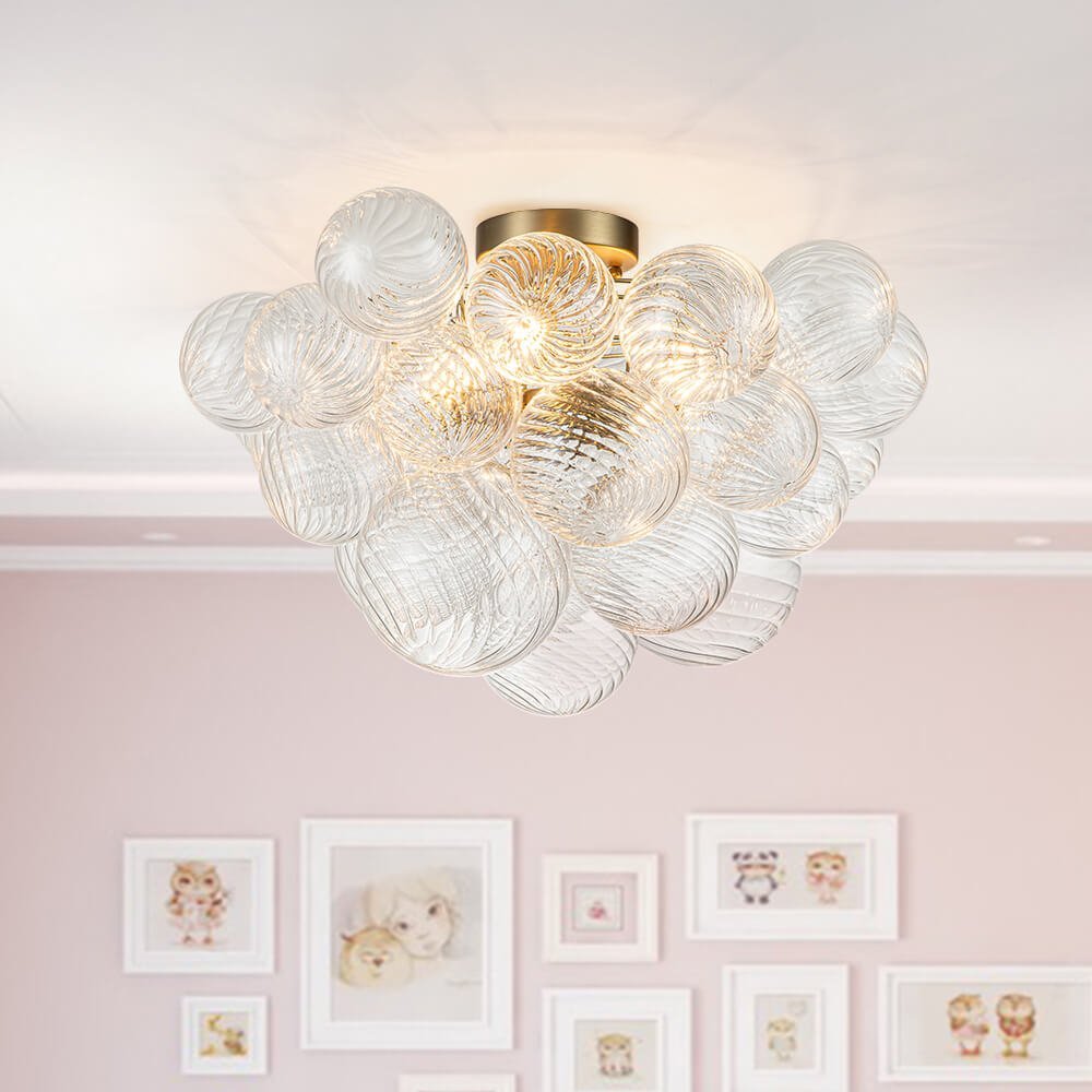 LightfixturesUAE-3-Light Modern Cluster Ribbed Glass Bubble Sputnik Semi Flush Mount-Chandeliers-Brass-