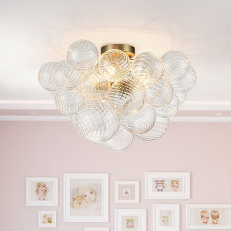LightfixturesUAE-3-Light Modern Cluster Ribbed Glass Bubble Sputnik Semi Flush Mount-Chandeliers-Brass-