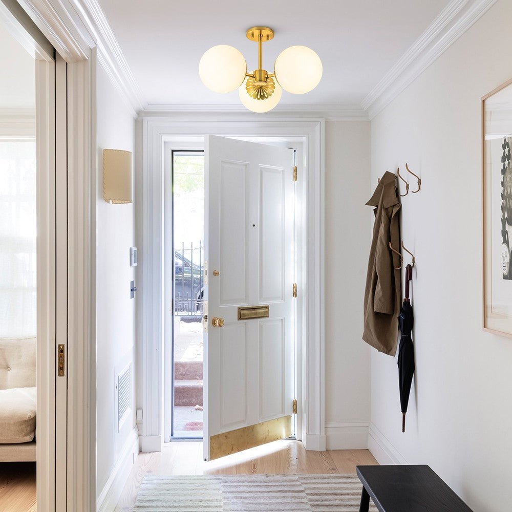 LightfixturesUAE-3-Light Opal Glass Brass Semi Flush Mount Ceiling Light-Ceiling Lights-Brass-
