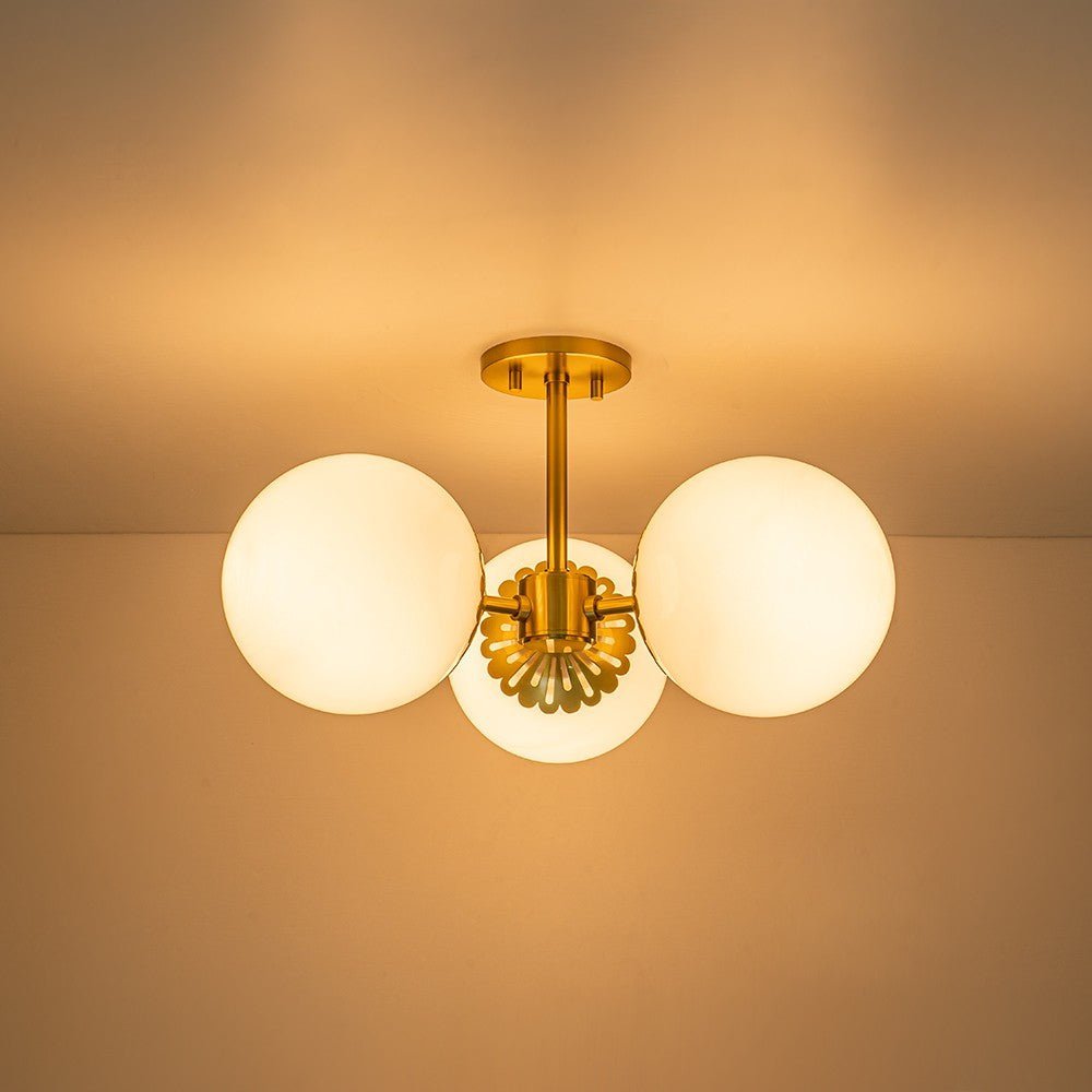 LightfixturesUAE-3-Light Opal Glass Brass Semi Flush Mount Ceiling Light-Ceiling Lights-Brass-