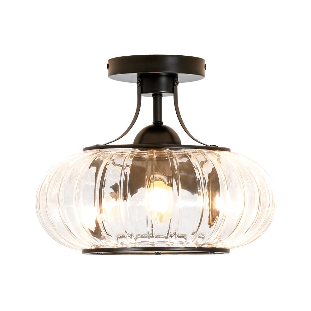 LightfixturesUAE-3-Light Pumpkin Ribbed Clear Glass Semi Flush Mount Ceiling Light-Ceiling Lights-Black-