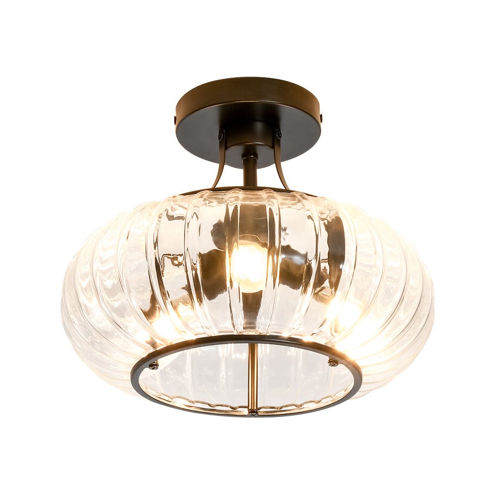 LightfixturesUAE-3-Light Pumpkin Ribbed Clear Glass Semi Flush Mount Ceiling Light-Ceiling Lights-Black-