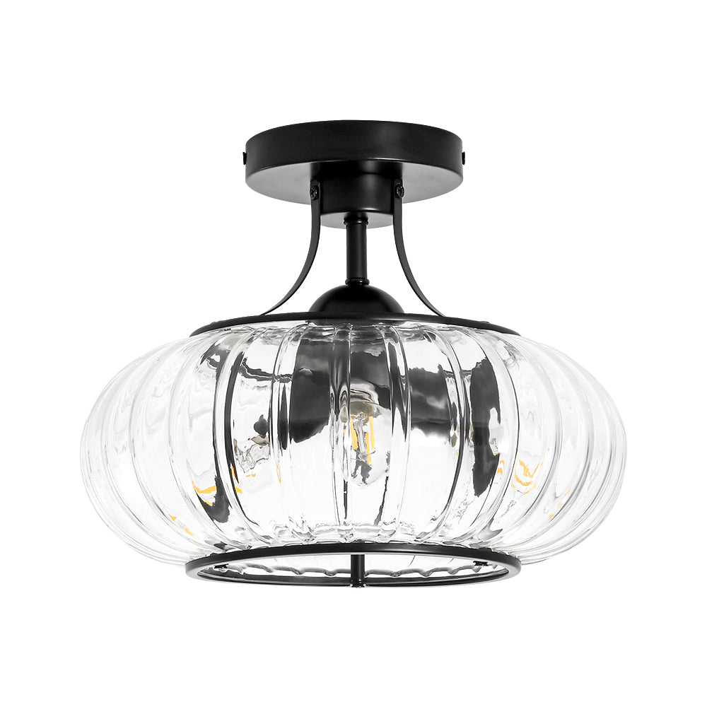 LightfixturesUAE-3-Light Pumpkin Ribbed Clear Glass Semi Flush Mount Ceiling Light-Ceiling Lights-Black-