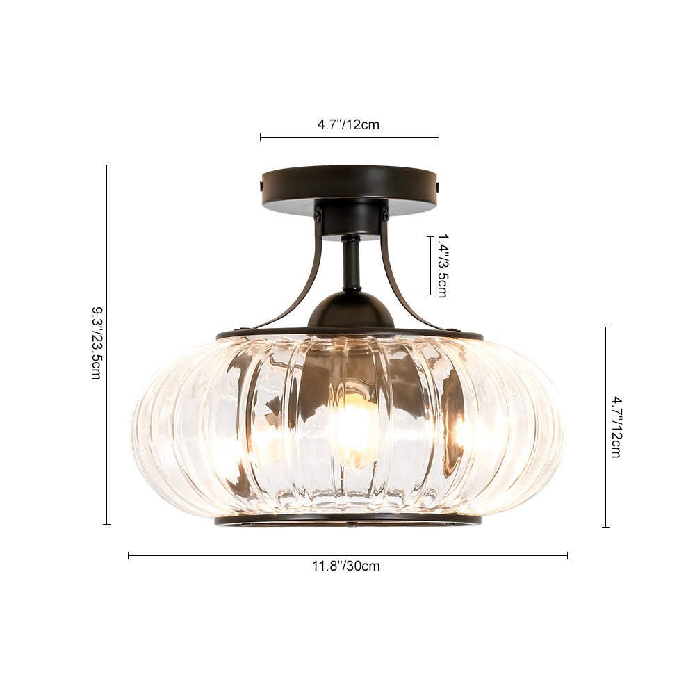 LightfixturesUAE-3-Light Pumpkin Ribbed Clear Glass Semi Flush Mount Ceiling Light-Ceiling Lights-Black-
