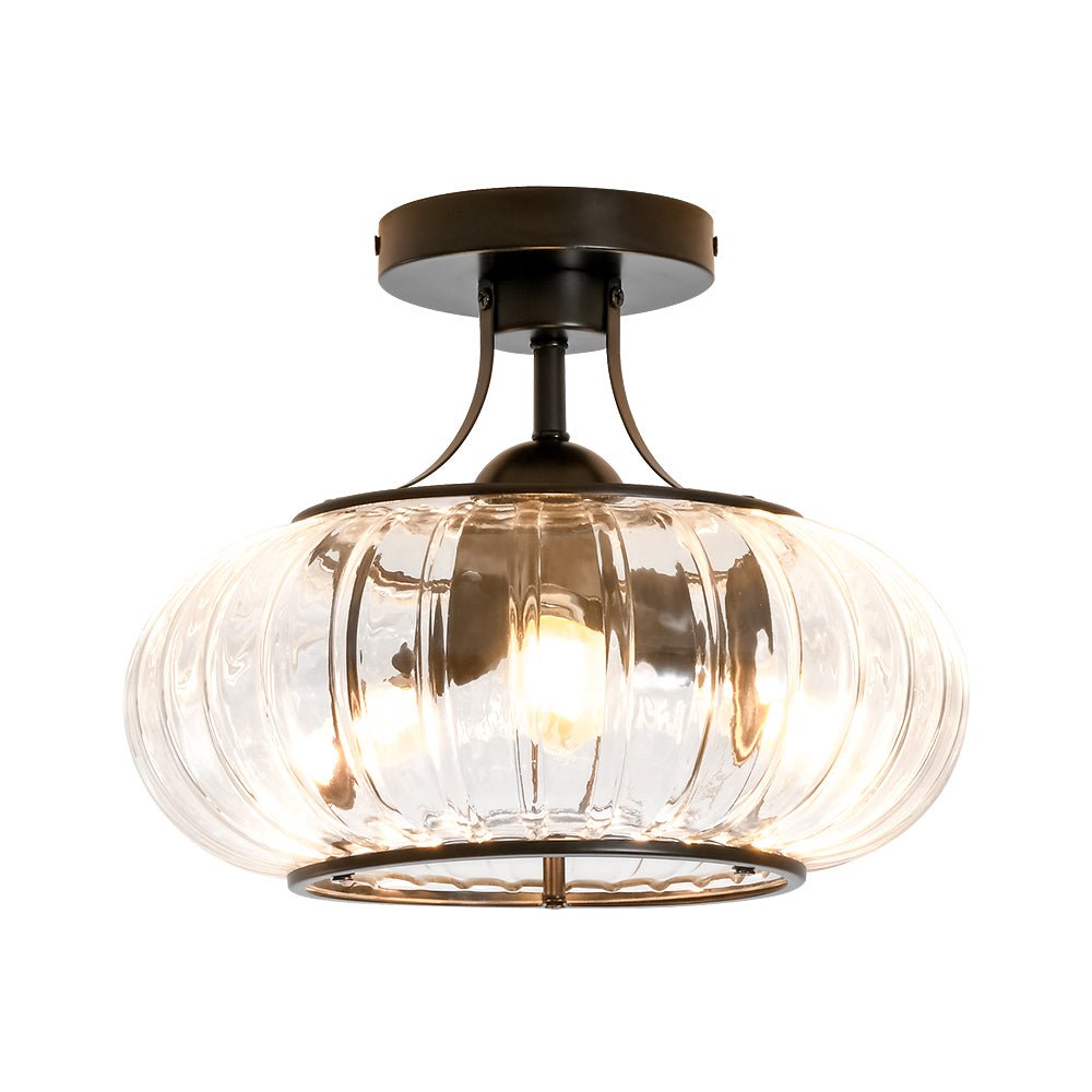 LightfixturesUAE-3-Light Pumpkin Ribbed Clear Glass Semi Flush Mount Ceiling Light-Ceiling Lights-Black-