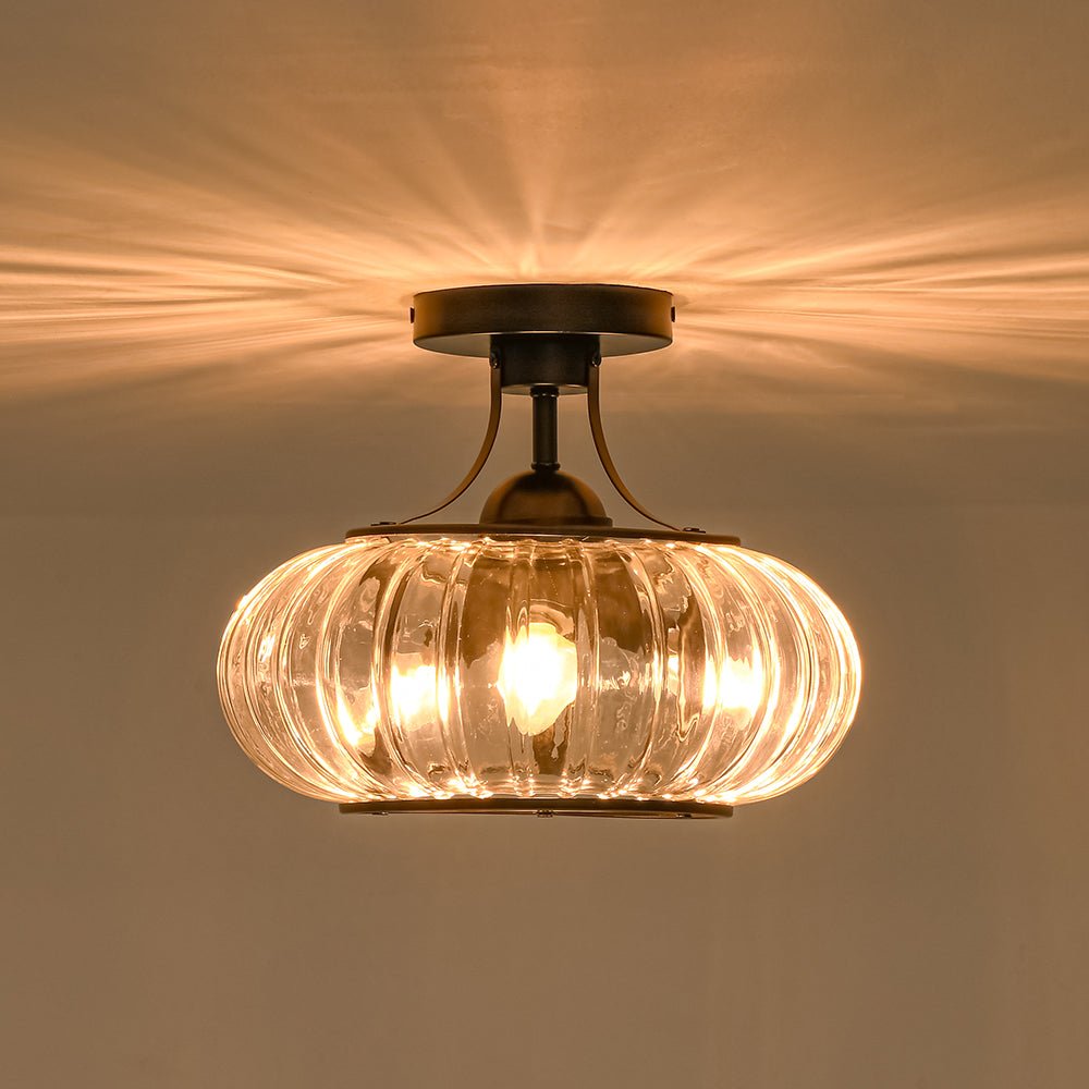LightfixturesUAE-3-Light Pumpkin Ribbed Clear Glass Semi Flush Mount Ceiling Light-Ceiling Lights-Black-