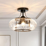 LightfixturesUAE-3-Light Pumpkin Ribbed Clear Glass Semi Flush Mount Ceiling Light-Ceiling Lights-Black-