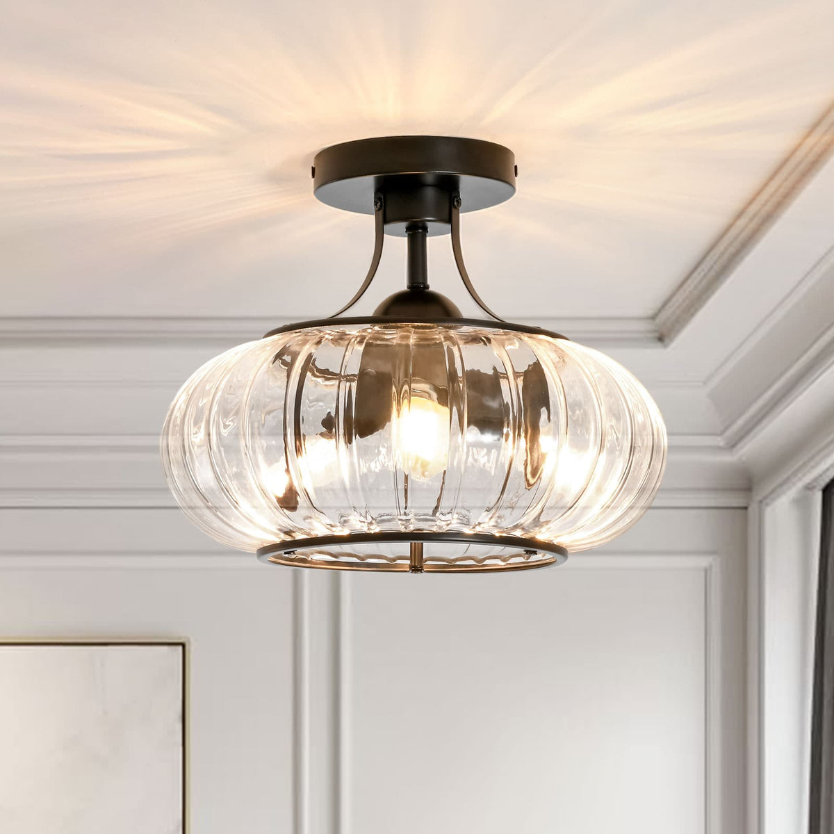 LightfixturesUAE-3-Light Pumpkin Ribbed Clear Glass Semi Flush Mount Ceiling Light-Ceiling Lights-Black-
