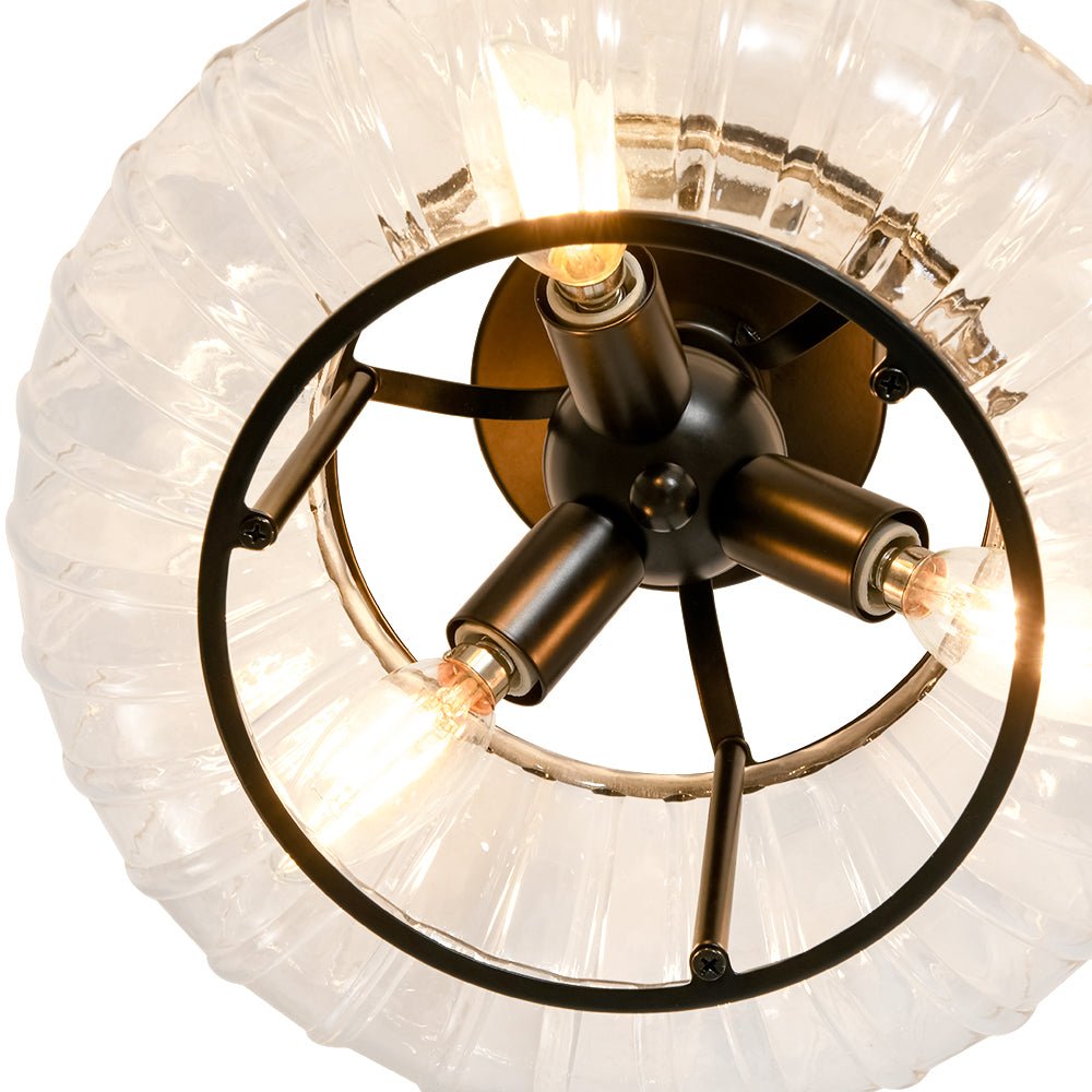 LightfixturesUAE-3-Light Pumpkin Ribbed Clear Glass Semi Flush Mount Ceiling Light-Ceiling Lights-Black-