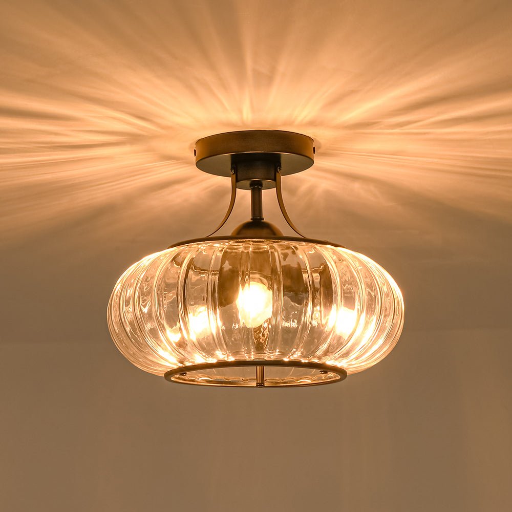 LightfixturesUAE-3-Light Pumpkin Ribbed Clear Glass Semi Flush Mount Ceiling Light-Ceiling Lights-Black-