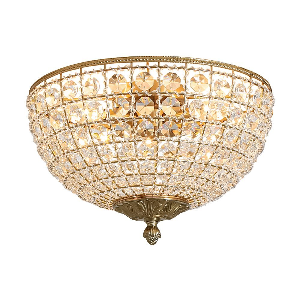 LightfixturesUAE-3-Light Vintage Brass Crystal Dome-Shaped Cage Flush Mount Ceiling Light-Ceiling Lights-Brass-