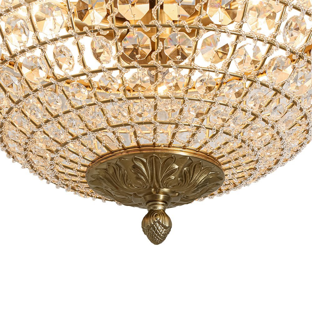 LightfixturesUAE-3-Light Vintage Brass Crystal Dome-Shaped Cage Flush Mount Ceiling Light-Ceiling Lights-Brass-