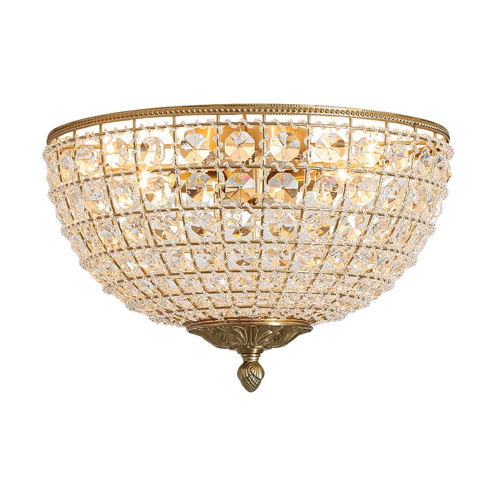 LightfixturesUAE-3-Light Vintage Brass Crystal Dome-Shaped Cage Flush Mount Ceiling Light-Ceiling Lights-Brass-