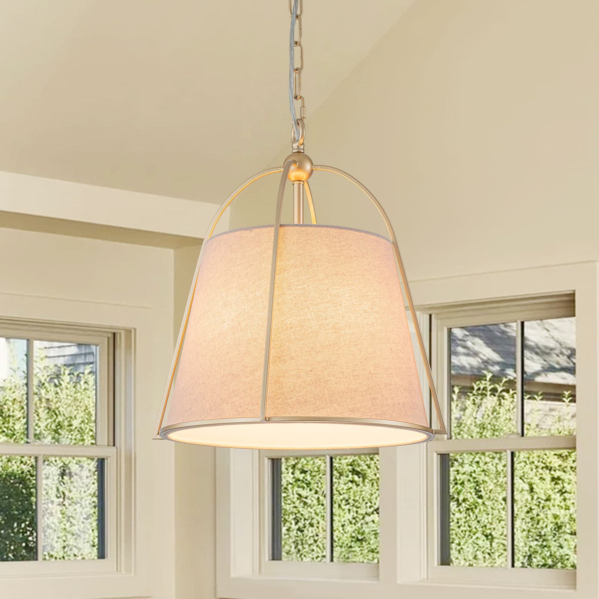 LightfixturesUAE-4-Light Classic Fabric Drum Champagne Gold Chandelier-Chandeliers-Brass-