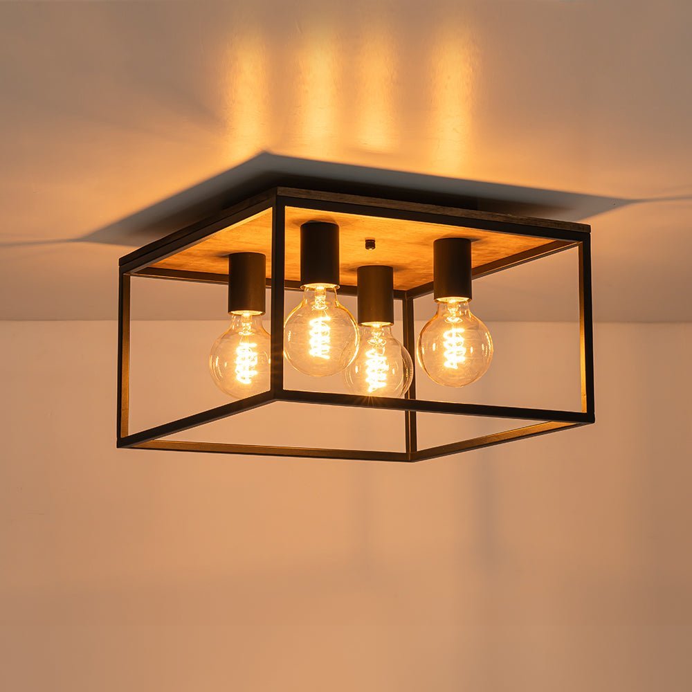 LightfixturesUAE-4-Light Industrial Retro Wood Square Flush Mount Ceiling Light-Ceiling Lights-4-Light-