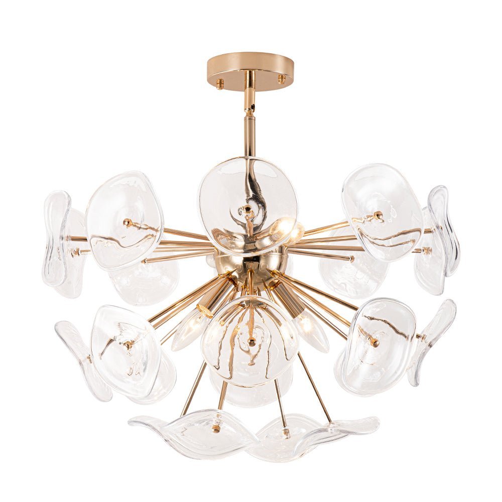 LightfixturesUAE-4-Light Mid-Modern Century Clear Glass Sunburst Sputnik Chandelier-Chandeliers-Gold-