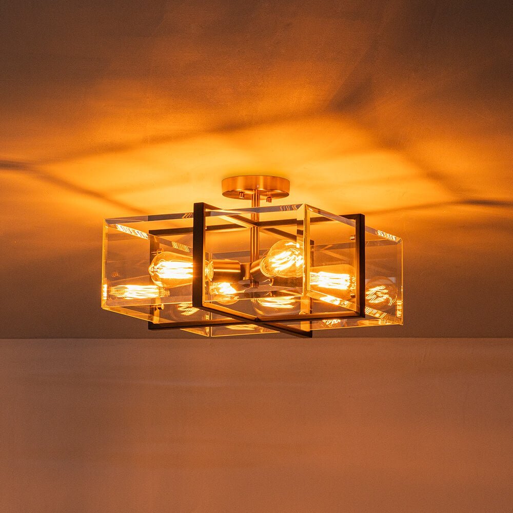LightfixturesUAE-4-Light Modern Clear Glass Square Semi Flush Mount Ceiling Light-Ceiling Lights-Black+Antique Brass-