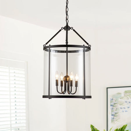 LightfixturesUAE-4-Light Modern Farmhouse Round Glass Lantern Chandelier-Chandeliers-Black-
