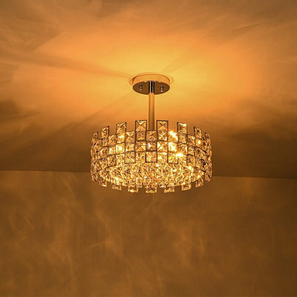 LightfixturesUAE-4-Light Modern Hollow Design Crystal Drum Semi Flush Mount Ceiling Light-Ceiling Lights-Chrome-