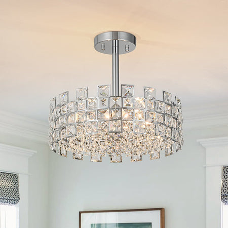 LightfixturesUAE-4-Light Modern Hollow Design Crystal Drum Semi Flush Mount Ceiling Light-Ceiling Lights-Chrome-
