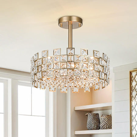LightfixturesUAE-4-Light Modern Hollow Design Crystal Drum Semi Flush Mount Ceiling Light-Ceiling Lights-Gold-
