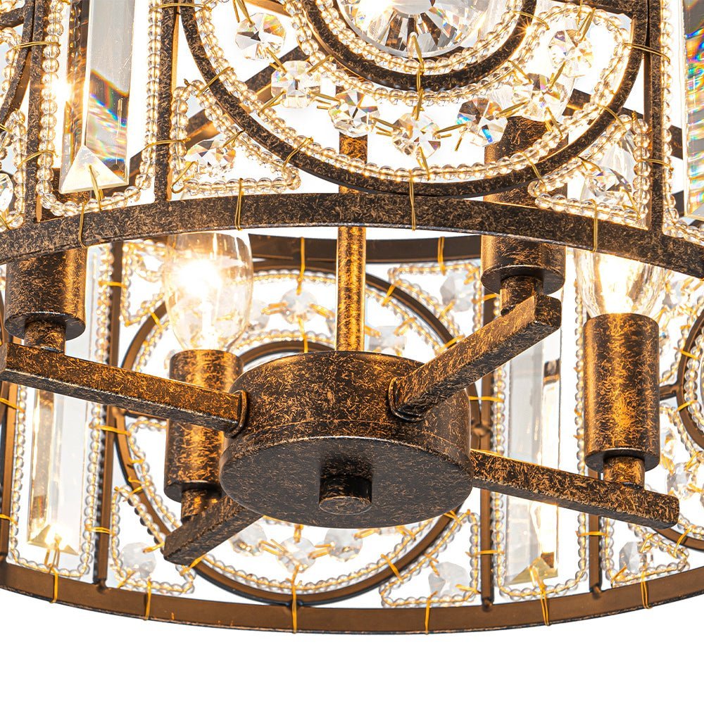 LightfixturesUAE-4-Light Modern Retro Antique Bronze Crystal Round Cage Chandelier-Chandeliers-Small-