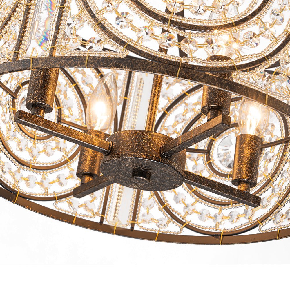 LightfixturesUAE-4-Light Modern Retro Antique Bronze Crystal Round Cage Chandelier-Chandeliers-Small-