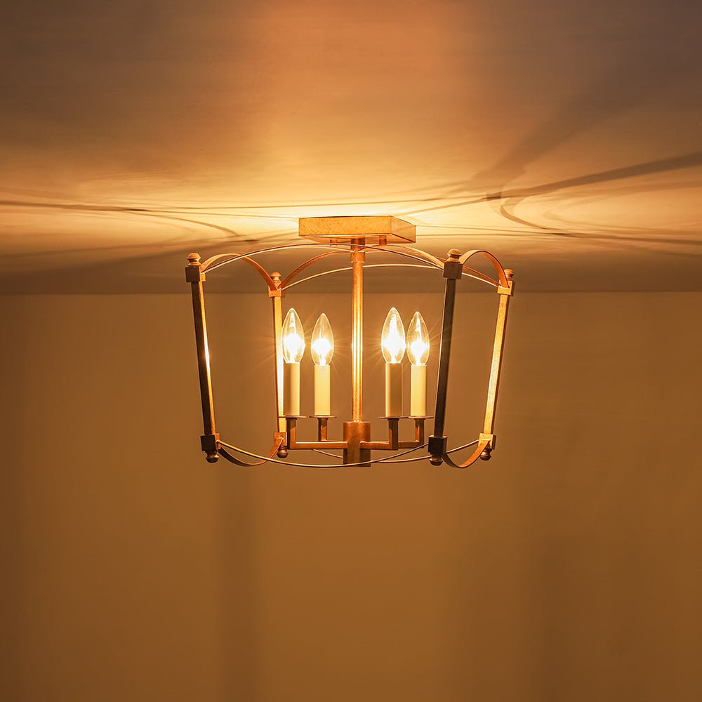 LightfixturesUAE-4-Light Vintage Candle-Style Cage Semi Flush Mount Ceiling Light-Ceiling Lights-Antiqued Gold-