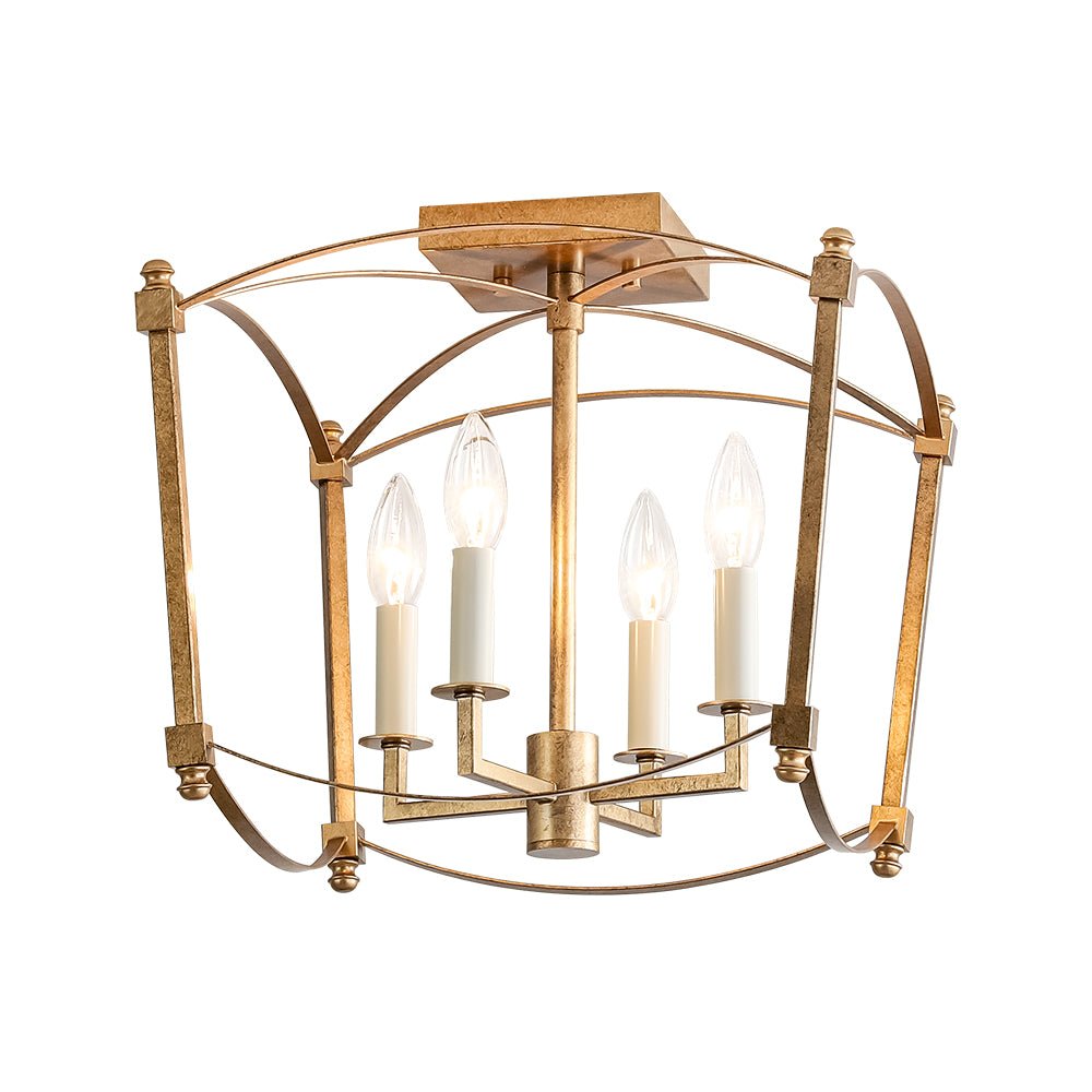 LightfixturesUAE-4-Light Vintage Candle-Style Cage Semi Flush Mount Ceiling Light-Ceiling Lights-Antiqued Gold-