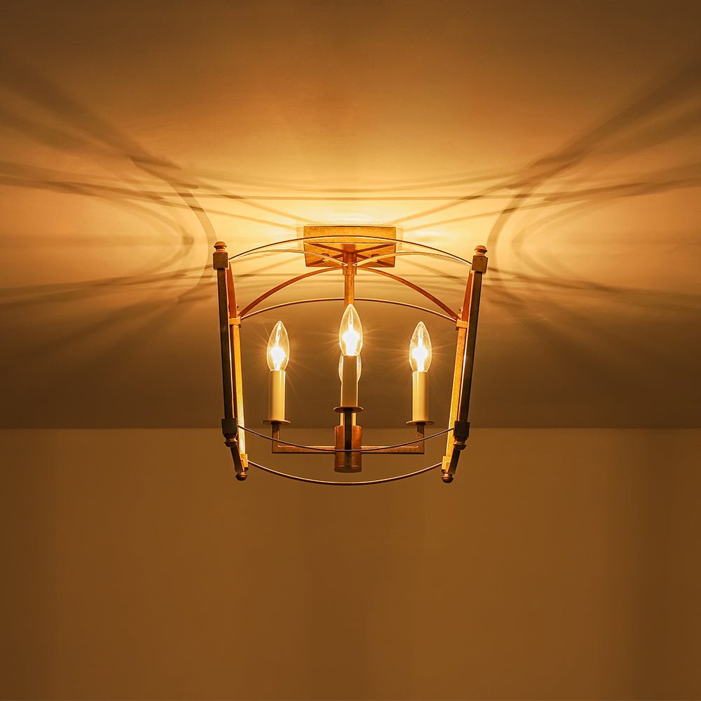 LightfixturesUAE-4-Light Vintage Candle-Style Cage Semi Flush Mount Ceiling Light-Ceiling Lights-Antiqued Gold-