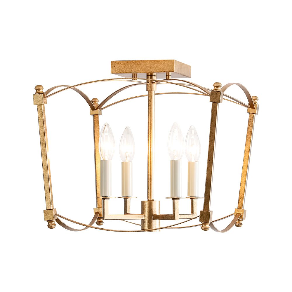 LightfixturesUAE-4-Light Vintage Candle-Style Cage Semi Flush Mount Ceiling Light-Ceiling Lights-Antiqued Gold-