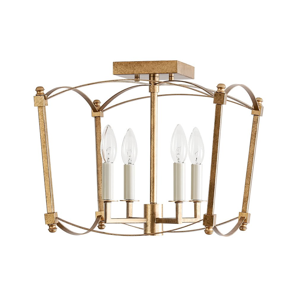 LightfixturesUAE-4-Light Vintage Candle-Style Cage Semi Flush Mount Ceiling Light-Ceiling Lights-Antiqued Gold-