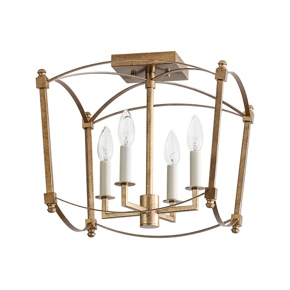 LightfixturesUAE-4-Light Vintage Candle-Style Cage Semi Flush Mount Ceiling Light-Ceiling Lights-Antiqued Gold-