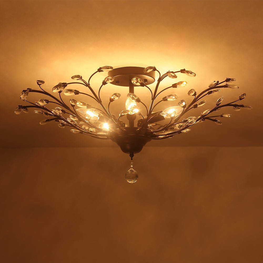LightfixturesUAE-5-Light Art Deco Vintage Flower Basket Crystal Semi Flush Mount Ceiling Light-Ceiling Lights-Black-