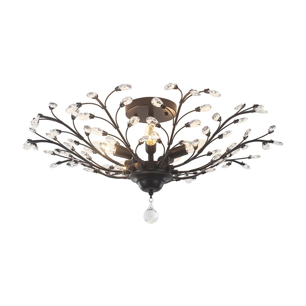 LightfixturesUAE-5-Light Art Deco Vintage Flower Basket Crystal Semi Flush Mount Ceiling Light-Ceiling Lights-Black-