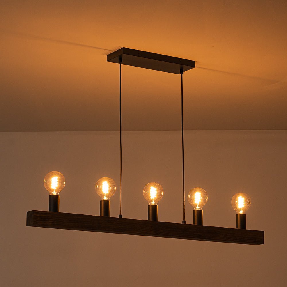 LightfixturesUAE-5-Light Farmhouse Wood Linear Kitchen Island Chandelier-Chandeliers-Black-