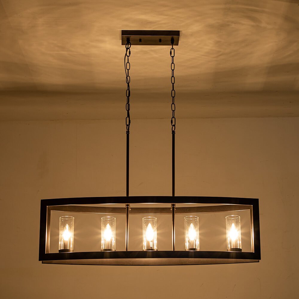 LightfixturesUAE-5-Light Industrial Rectangular Kitchen Island Chandelier-Chandeliers-Faux Wood Grain-