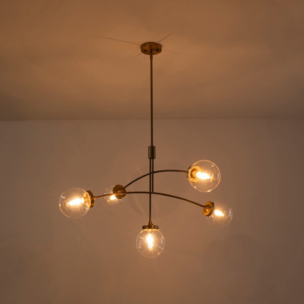 LightfixturesUAE-5-Light Mid-Century Modern Curved Arm Glass Globe Chandelier-Chandeliers-Gold-Clear