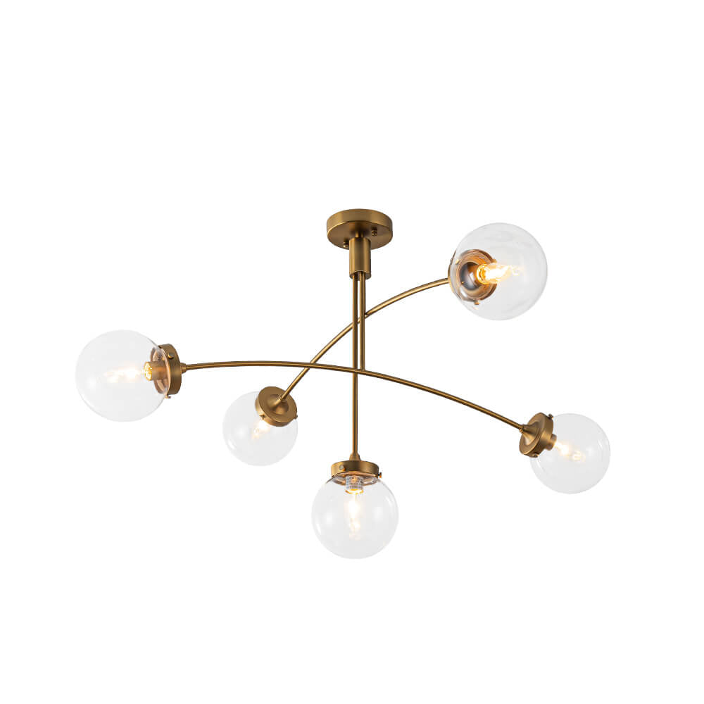 LightfixturesUAE-5-Light Mid-Century Modern Curved Arm Glass Globe Chandelier-Chandeliers-Gold-Clear