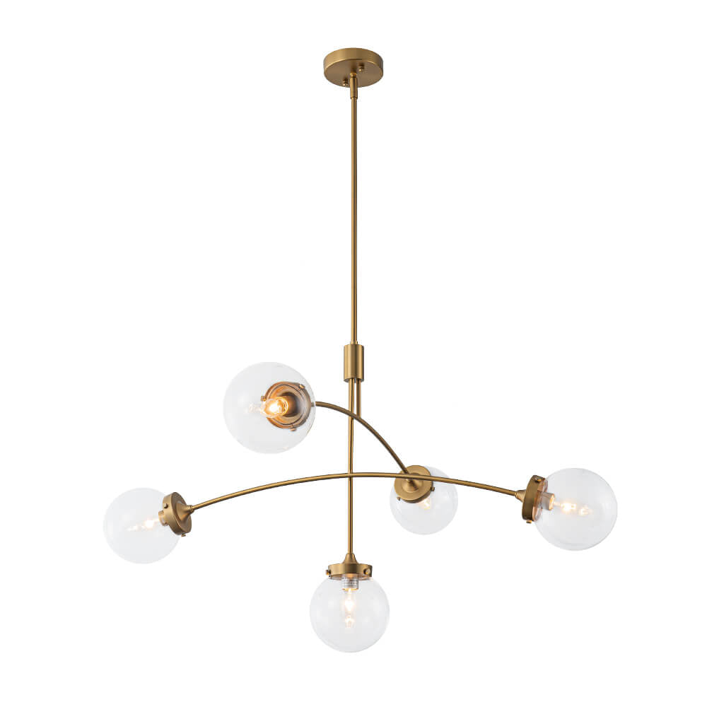 LightfixturesUAE-5-Light Mid-Century Modern Curved Arm Glass Globe Chandelier-Chandeliers-Gold-Clear