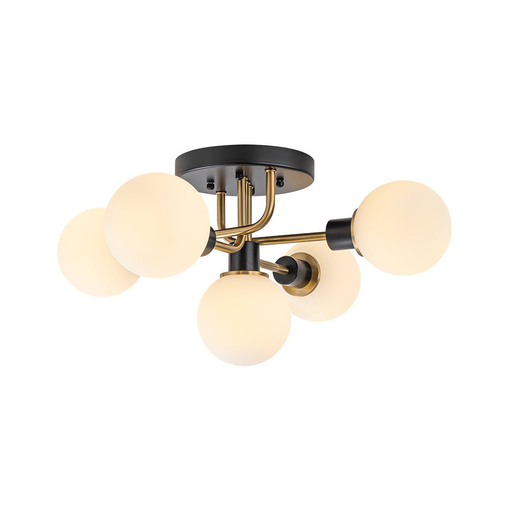 LightfixturesUAE-5-Light Mid Century Modern Milk Glass Globe Two-Toned Sputnik Semi Flush Mount-Ceiling Lights-Black-